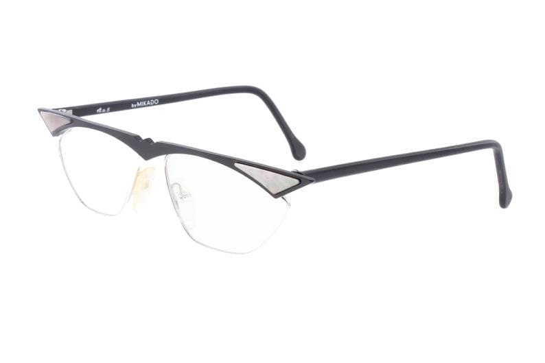 MIKADO modernist cateye frames in matt black metal w pointed brows & pearl inserts, Germany NOS 80s