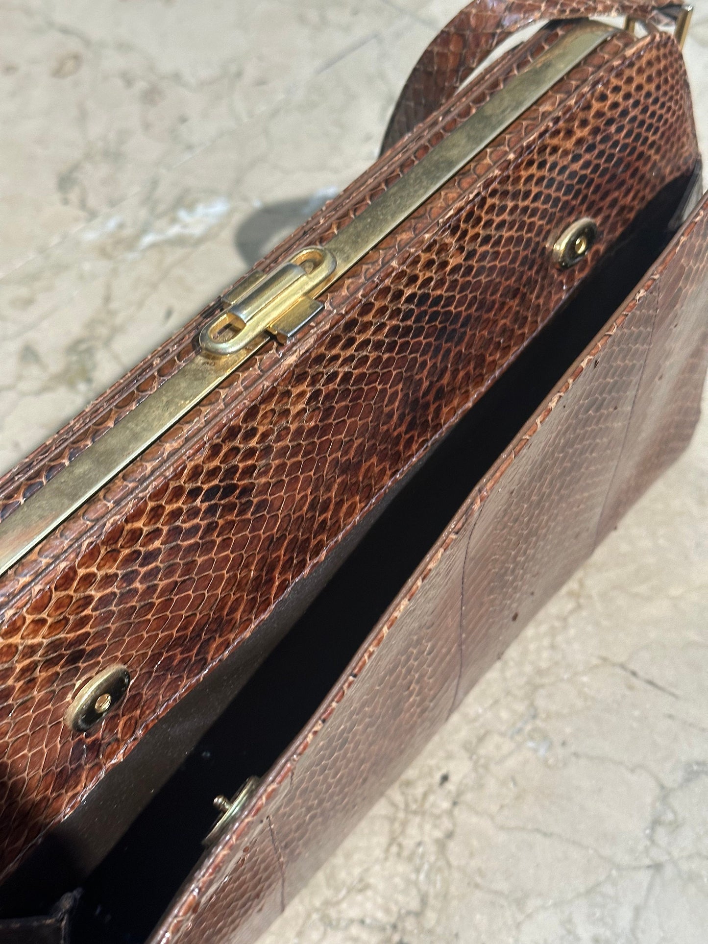1970s artisanal snake leather shoulder bag, brown phyton skin evening pouch bag w/ golden brass framing, NOS 70s.