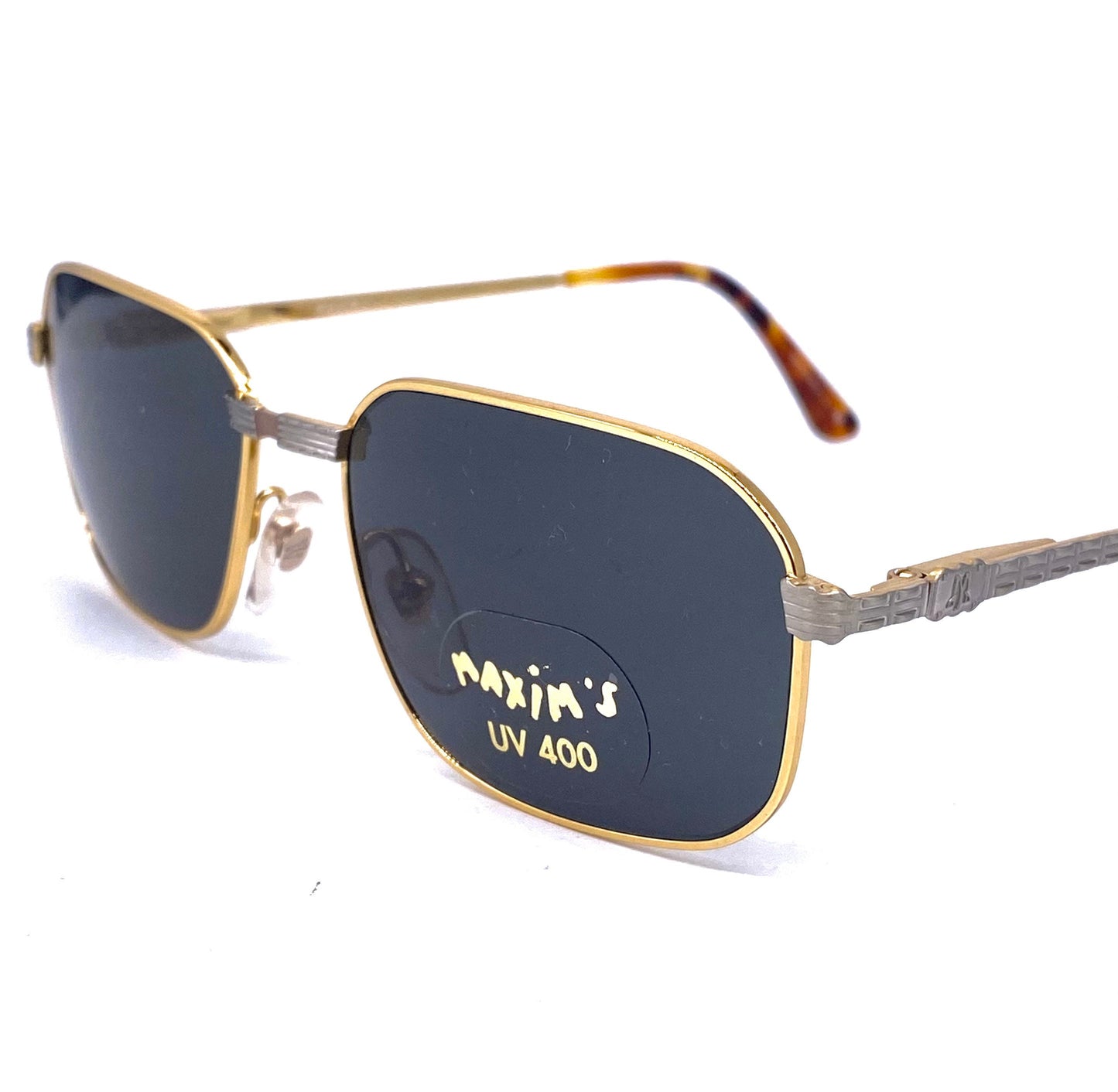 Maxim’s de Paris luxury rectangular metal sunglasses w carved details, in 2 colorways, NOS 90s Italy