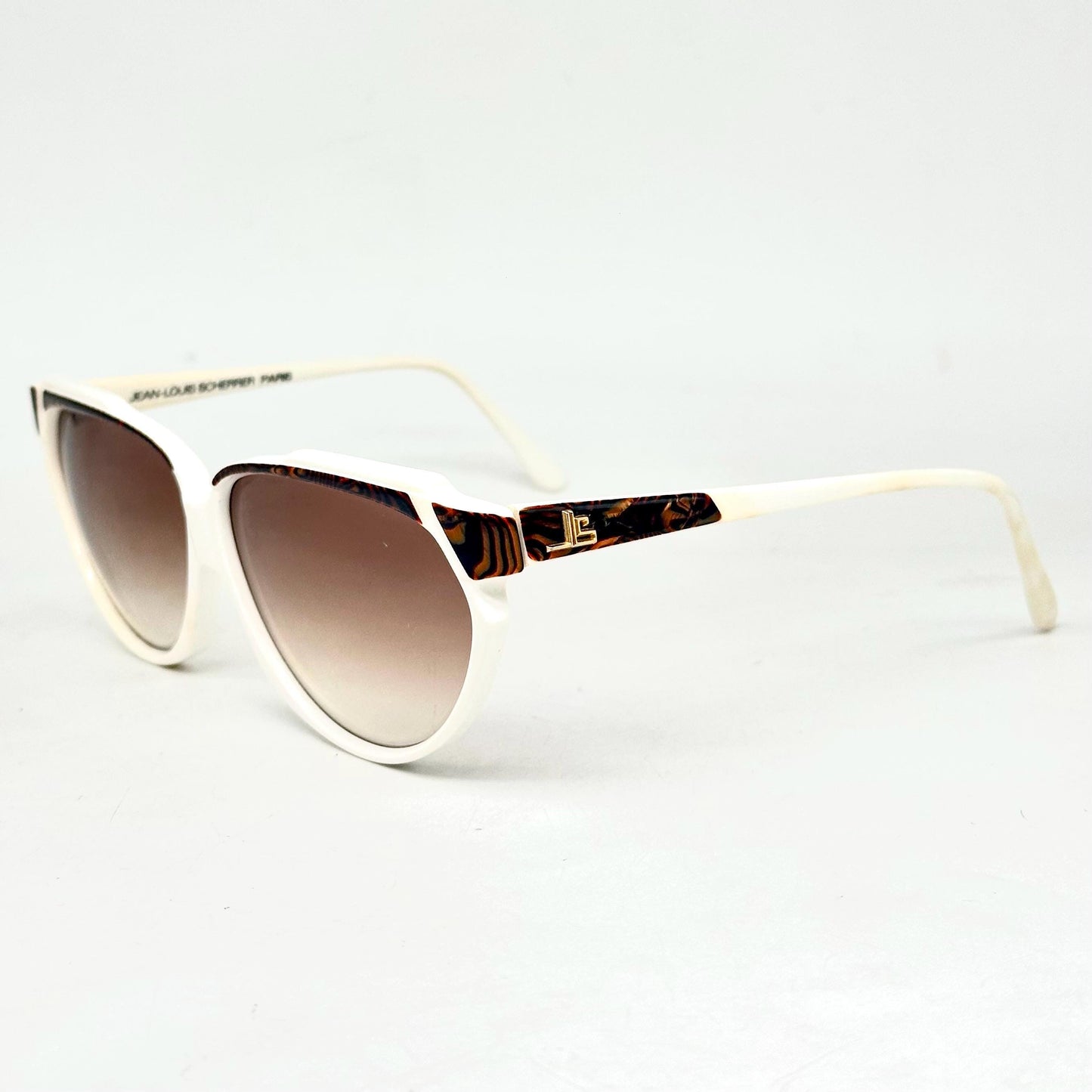 Jean-Louis Scherrer Paris frame 876 white acetate with fluid animalier marbled parts and golden JLS logo detail 90s NOS France