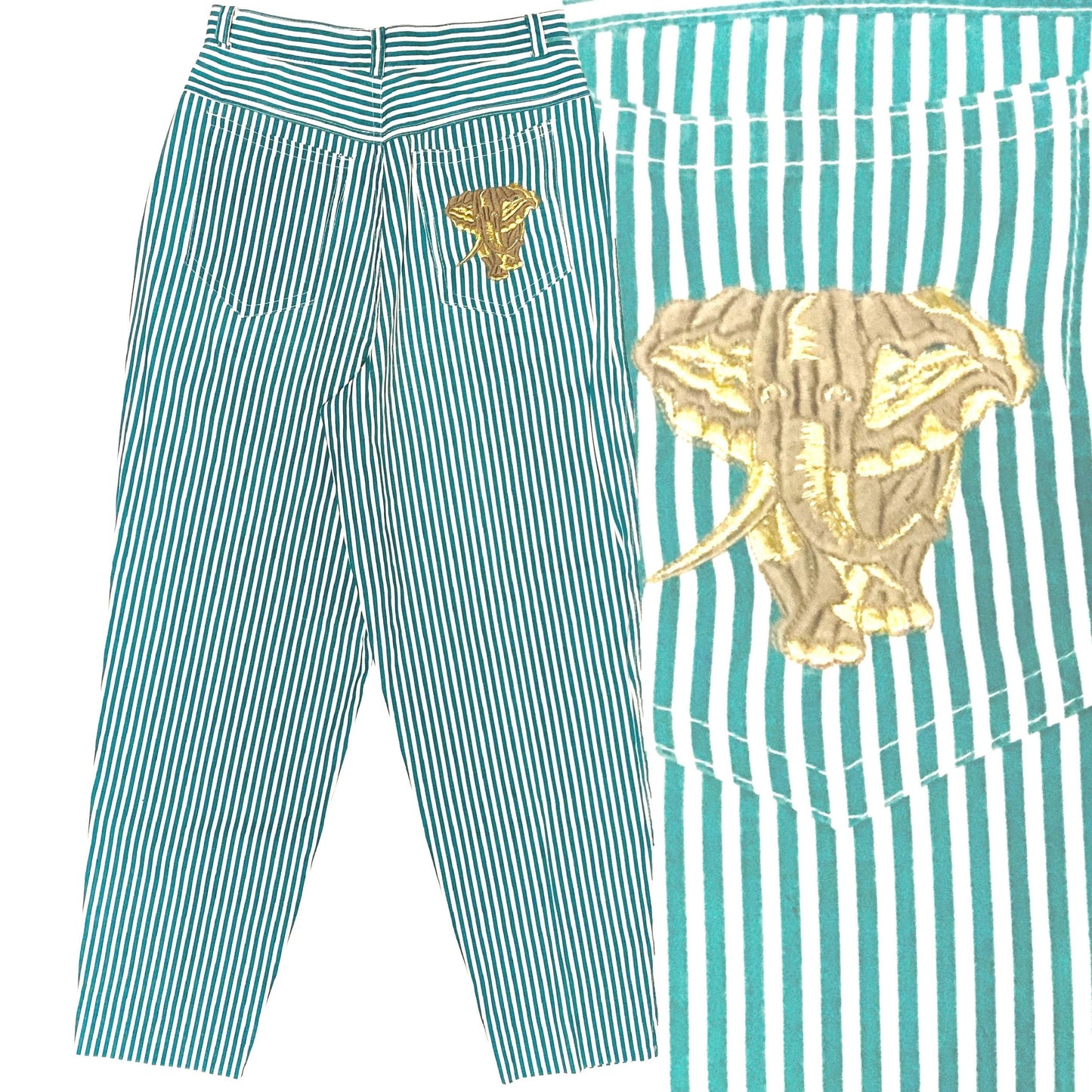 Mania preppy white/green striped trousers w elephant embroidered, sz 28/ 42 ita NOS 80s Italy