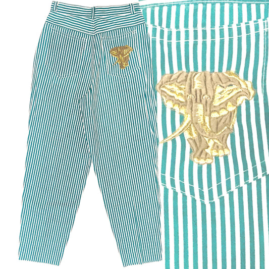 Mania preppy white/green striped trousers w elephant embroidered, sz 28/ 42 ita NOS 80s Italy