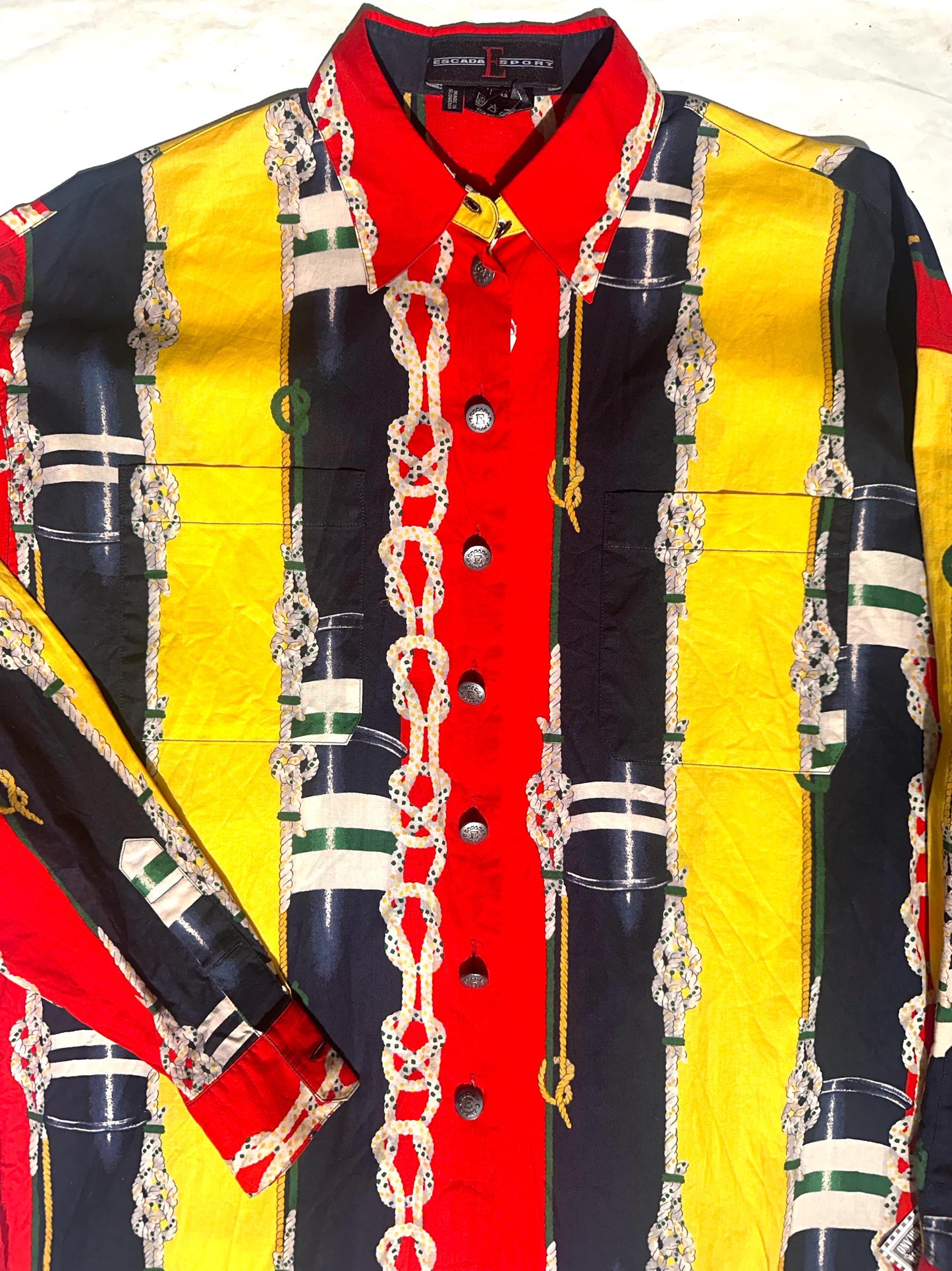 Escada Nautical knots print baroque/ striped preppy cotton shirt, 80s sz M mint!