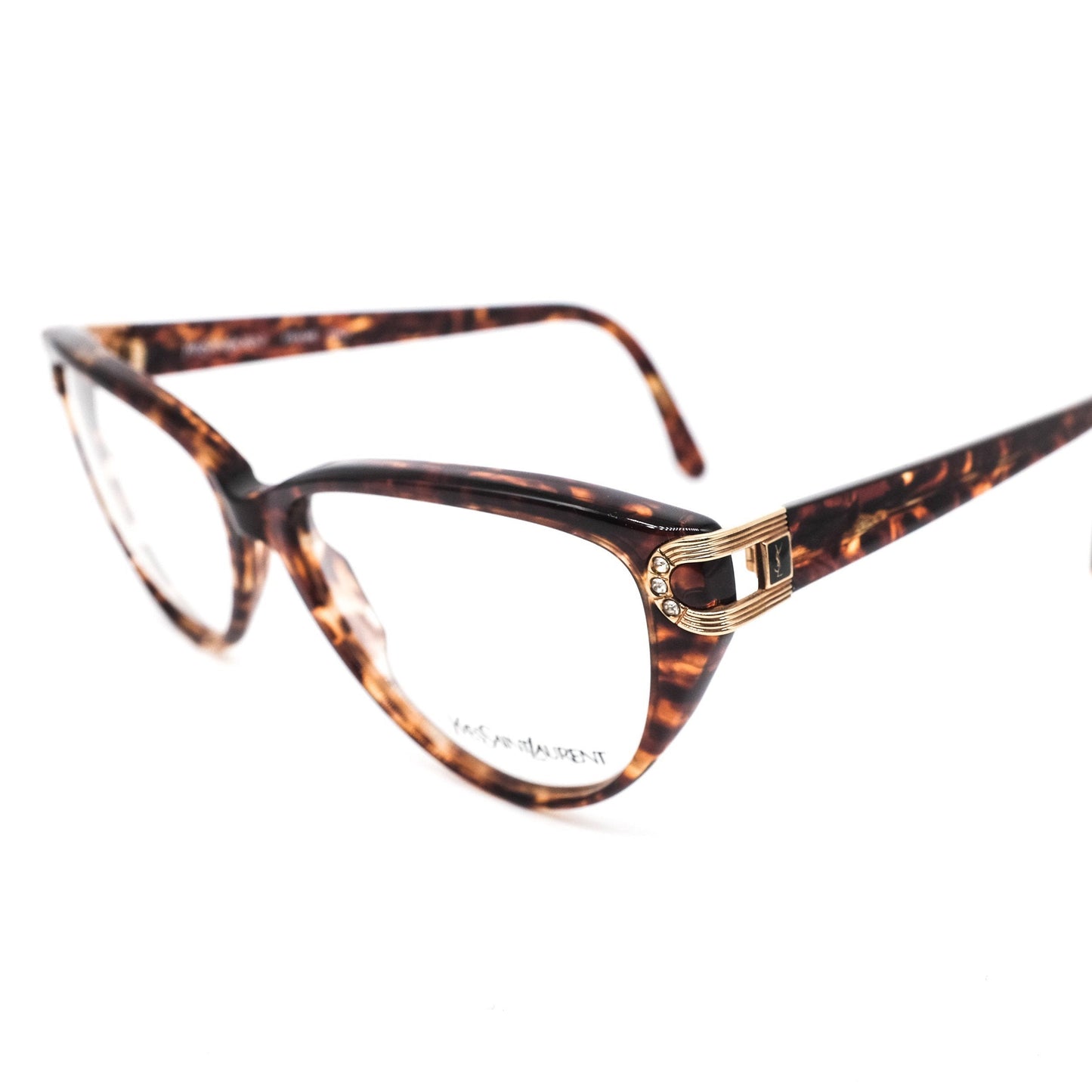 YSL Saint Laurent  5006 brown tortoise acetate cateye eyeglasses with cut off hinges design enriched with rhinestones, 80s nos Italy