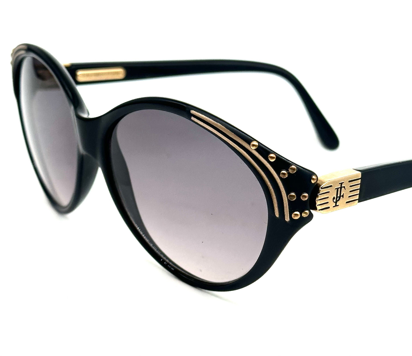 Jacques Fath black -gold oval Cateye sunglasses w 2 detail variations, NOS 80s France