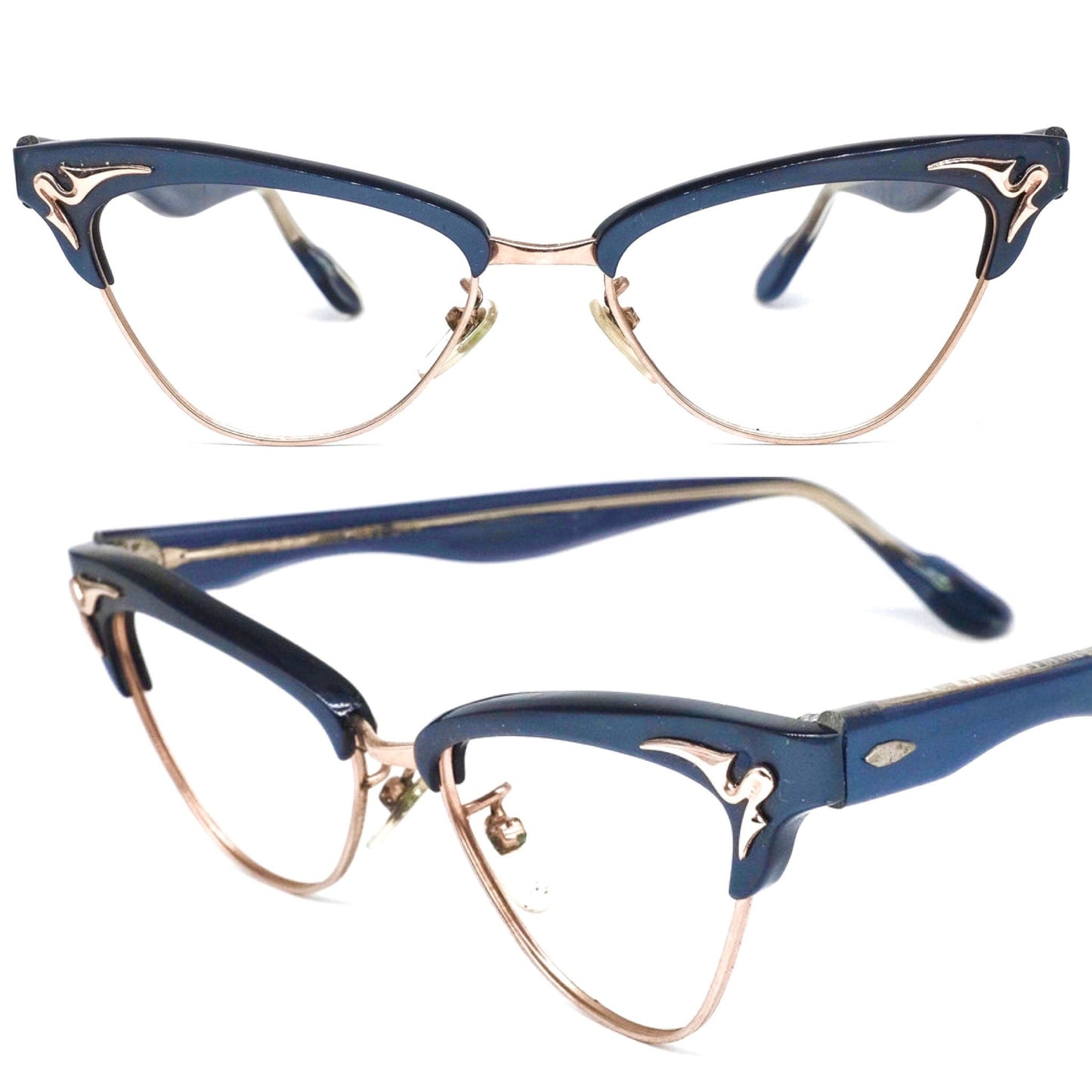 1950s custom cateye eyeglasses frames with gold plated details, NOS USA