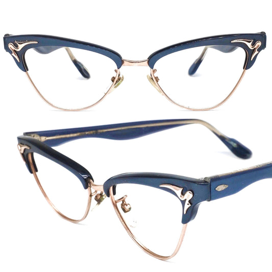 1950s custom cateye eyeglasses frames with gold plated details, NOS USA