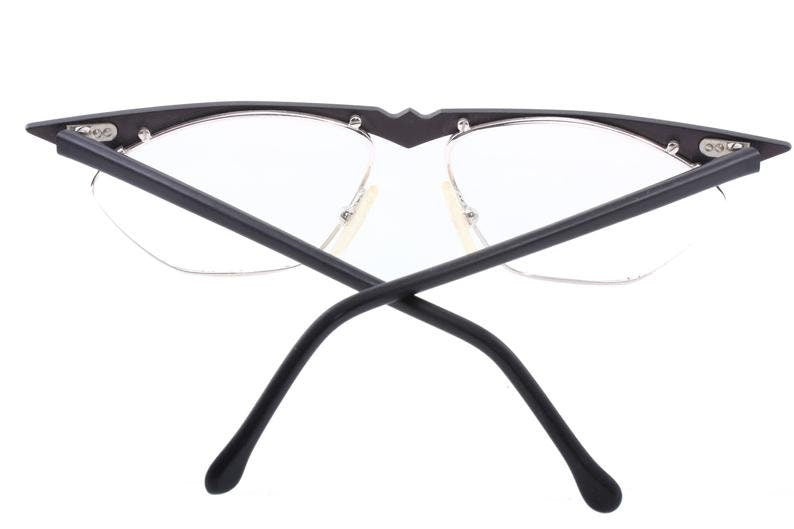 MIKADO modernist cateye frames in matt black metal w pointed brows & pearl inserts, Germany NOS 80s