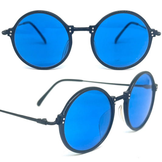 Jean Paul Gaultier 55-7261 black steampunk round sunglasses with blue lenses, NOS 80s Japan