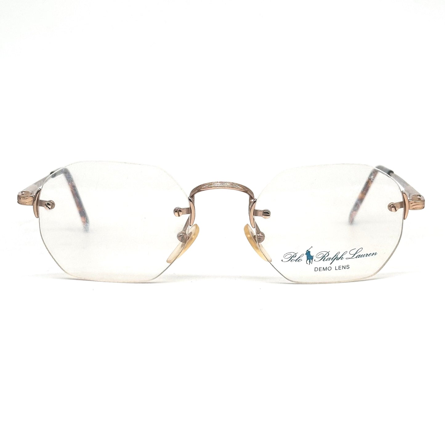 Ralph Lauren polo classic XL retro deco style rectangular rimless golden metal eyeglasses frames, 80s NOS Italy