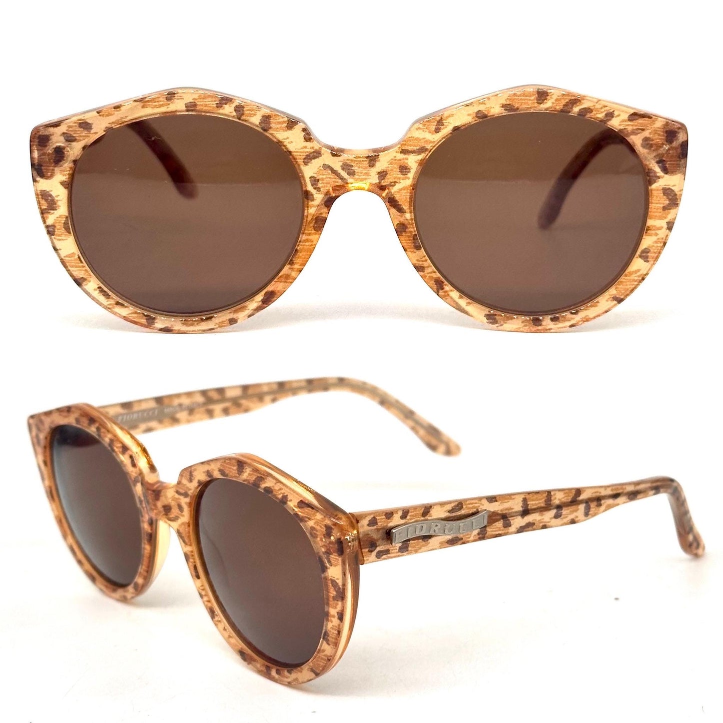 Fiorucci 406 occhiali da sole vintage rotondi fantasia ghepardati e madre perla giallo, Made in Italy anni '80 NOS