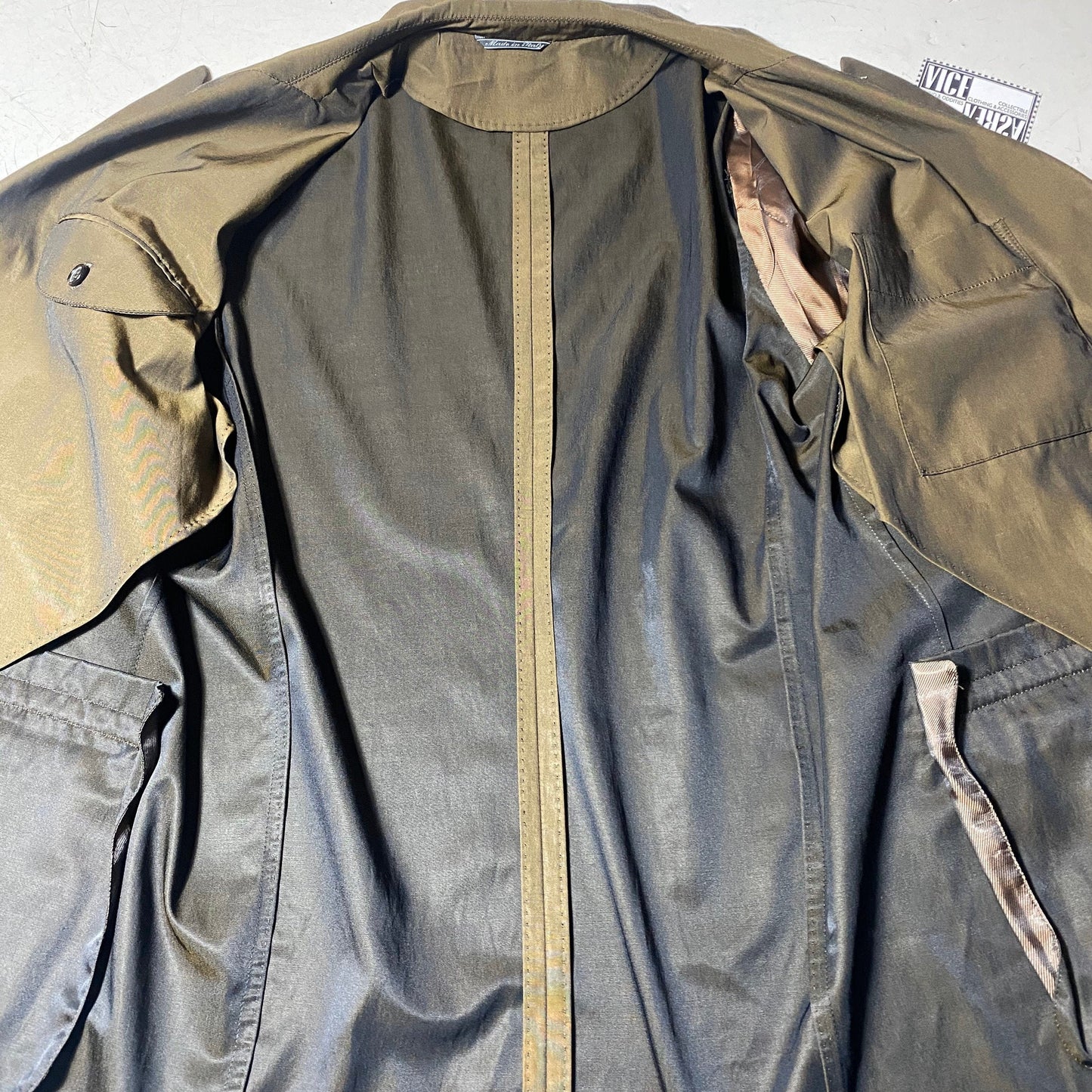 Sartorial light dbl breast summer blazer, iridescent military green Bemberg rayon, new old stock 90s
