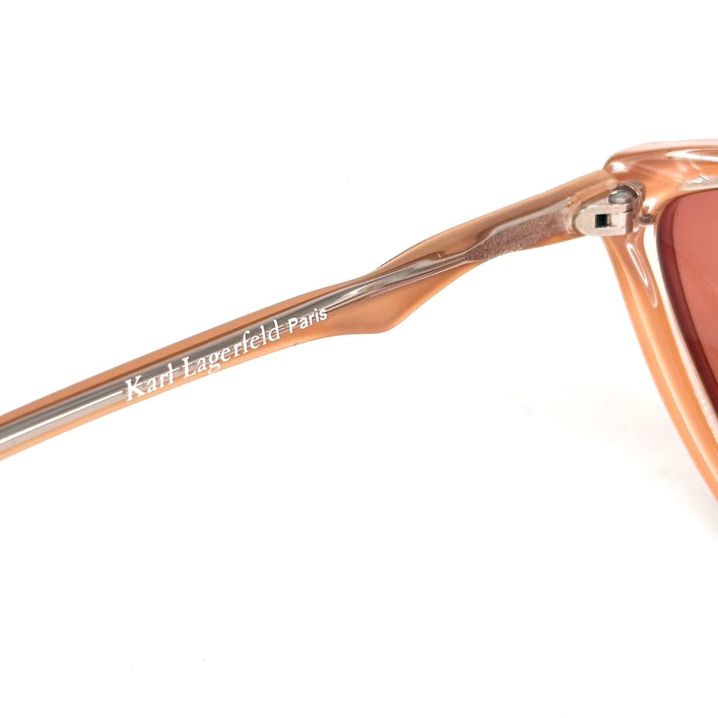 Karl Lagerfeld 103 54 2836 clear cateye sunglasses with salmon orange and brown stripes, orange lenses, 1980, NOS