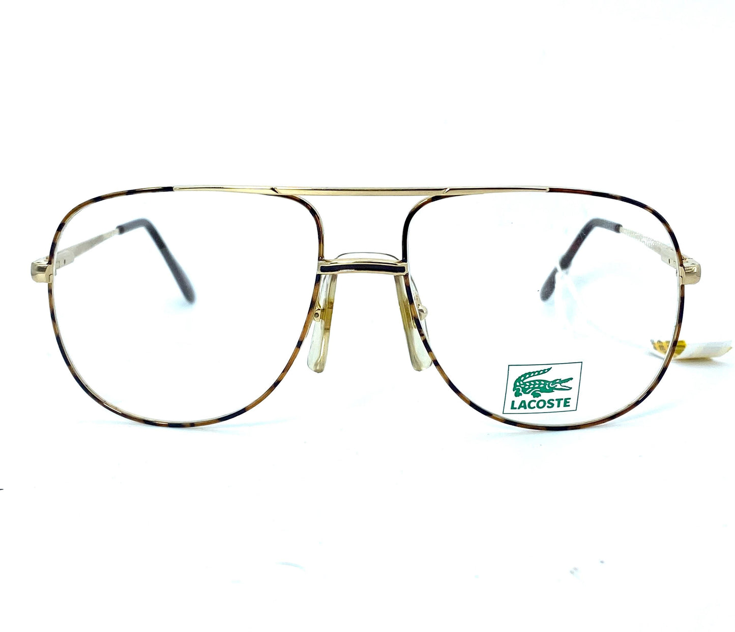 Lacoste dbl bridge golden metal aviator frames w tortoise enameled details, NOS 80s Lamy France