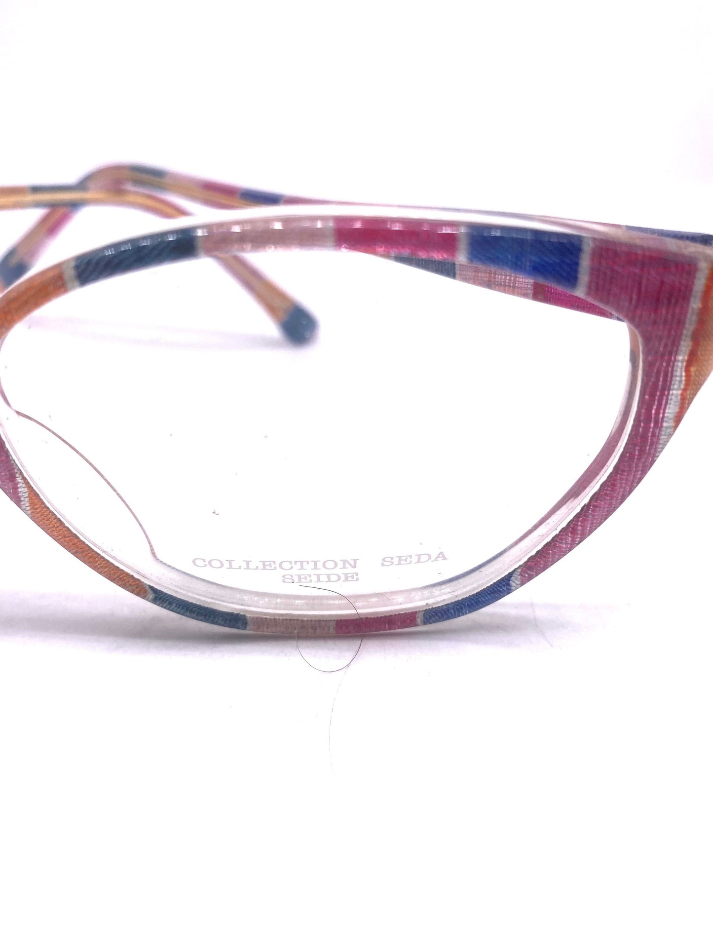 Tom Ferra colorful translucent cateye glasses w real striped silk fabric inlaid, NOS 80s Germany