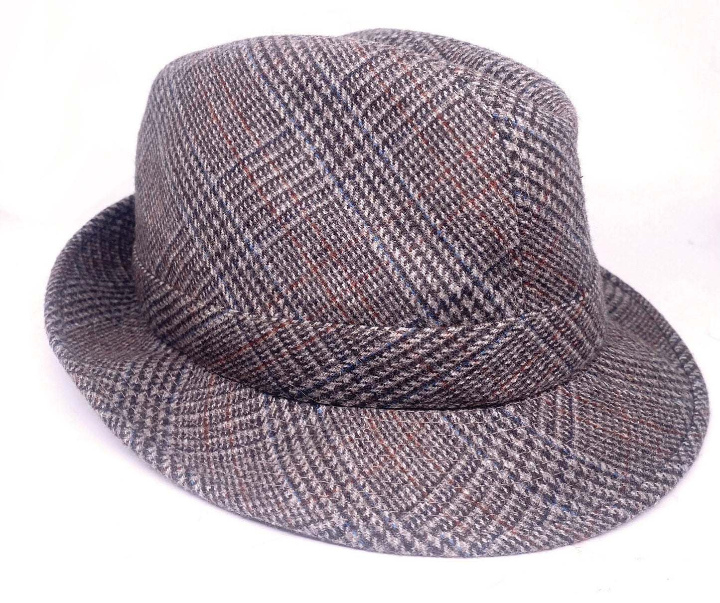 Classy grey tartan trilby hat hand made in Italy in the 80s, Pedrotti hats maker NoS