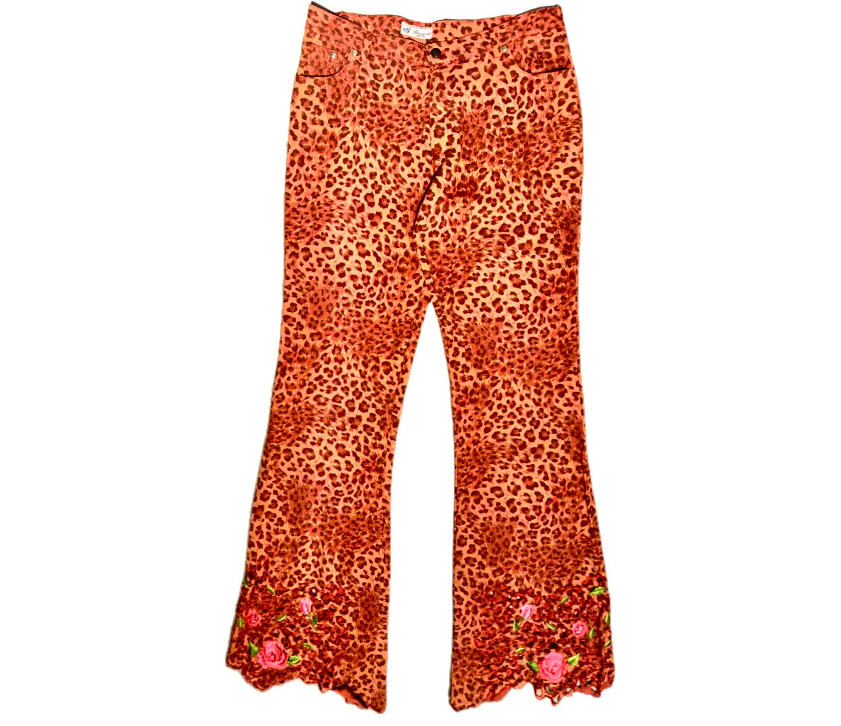 Blumarine bell-bottom animalier jeans w cutoff floral embroidery detailing, mint sz 46 -32US
