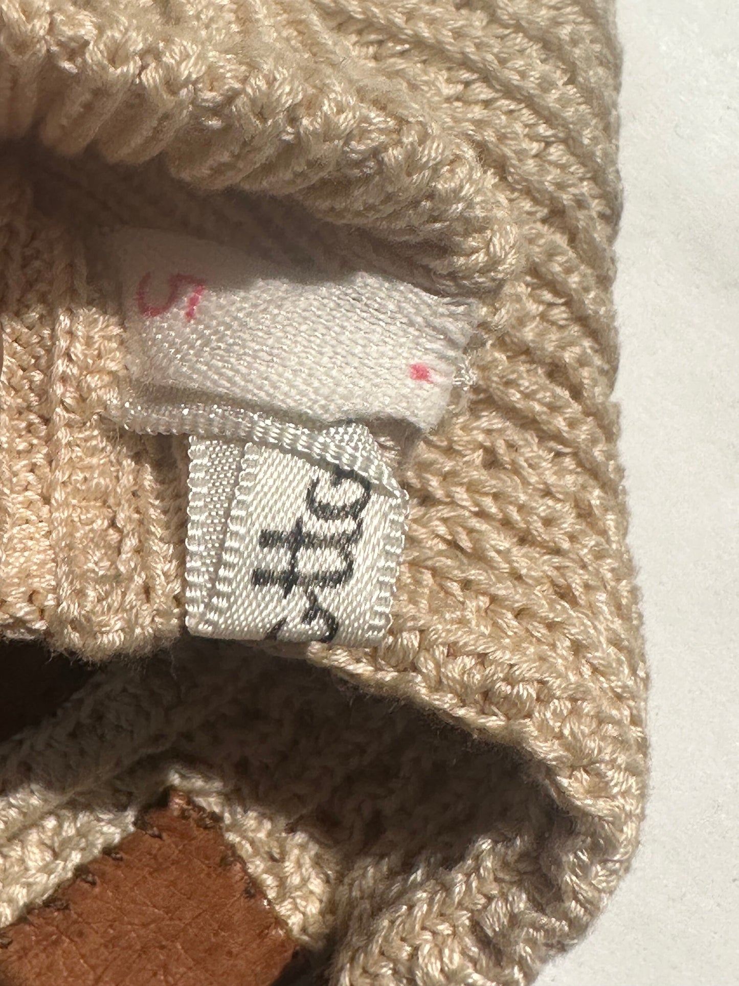 Artisanal Cotton knit driving style gloves w/ tan leather  reinforcements, NOS 80s mint