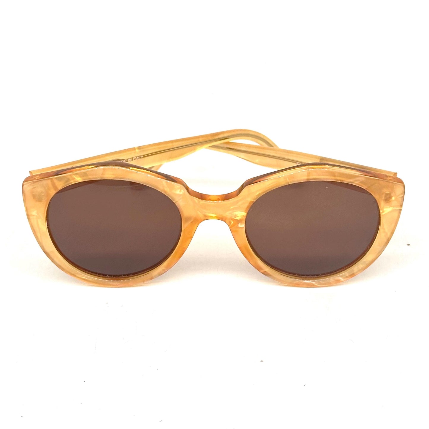Fiorucci 406 occhiali da sole vintage rotondi fantasia ghepardati e madre perla giallo, Made in Italy anni '80 NOS