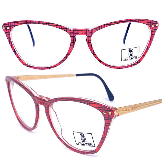 Oliver by Valentino red tartan cateye frames w keyhole bridge & golden metal temples, NoS anni '80