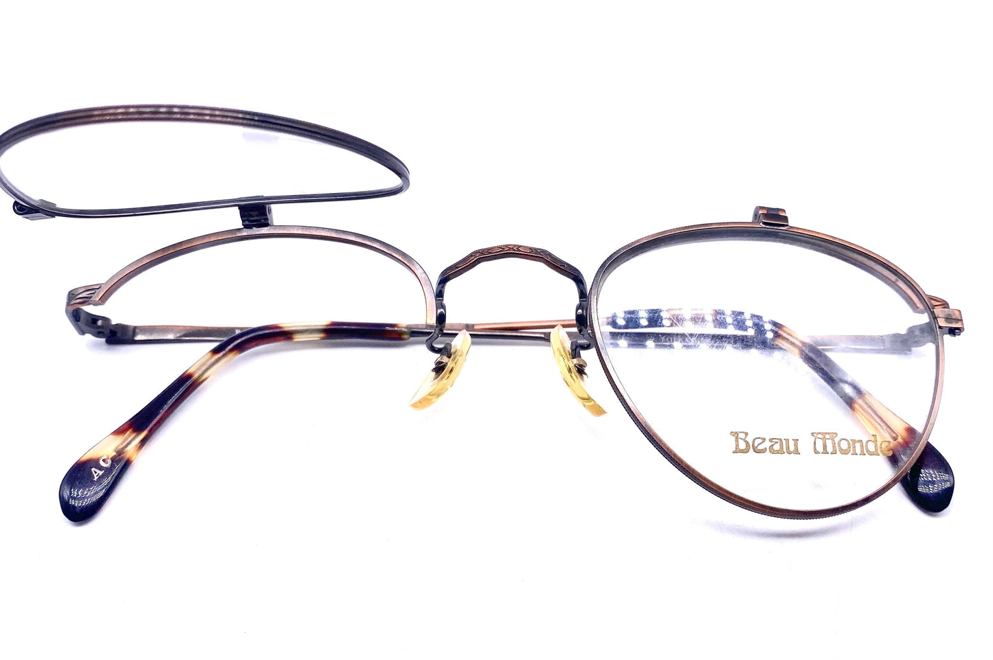 Beau Monde Yorkshire round antiqued copper flip-up eyeglasses frames, super hip piece made in Japan 80s NOS