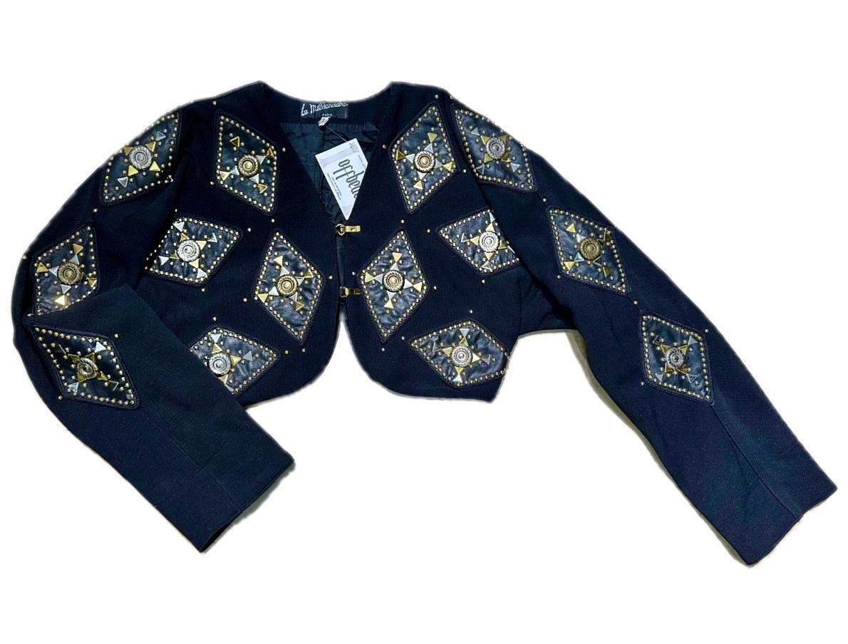 80s Paris couture set bolero and trousers in cotton/elast fully adorned w leather patches, studs & conchos, sz S/ 1