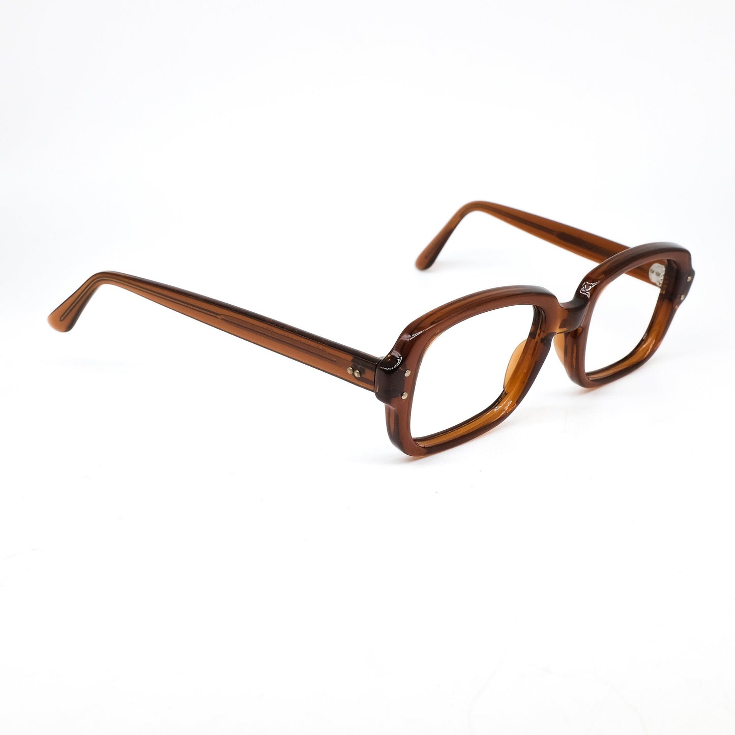Romco US Army square brown translucent acetate glasses w silver metal pins, 1960s NOS brand new never worn