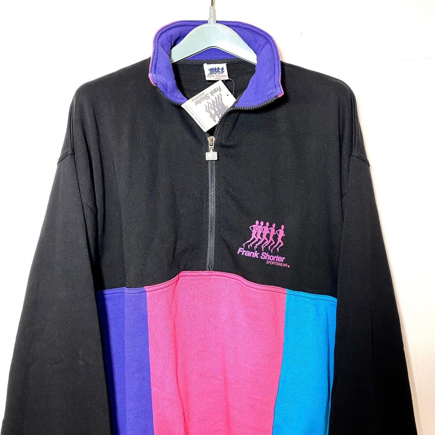 Frank Shorter 90s NWT black, purple, blue zip up cotton sweatshirt, mint