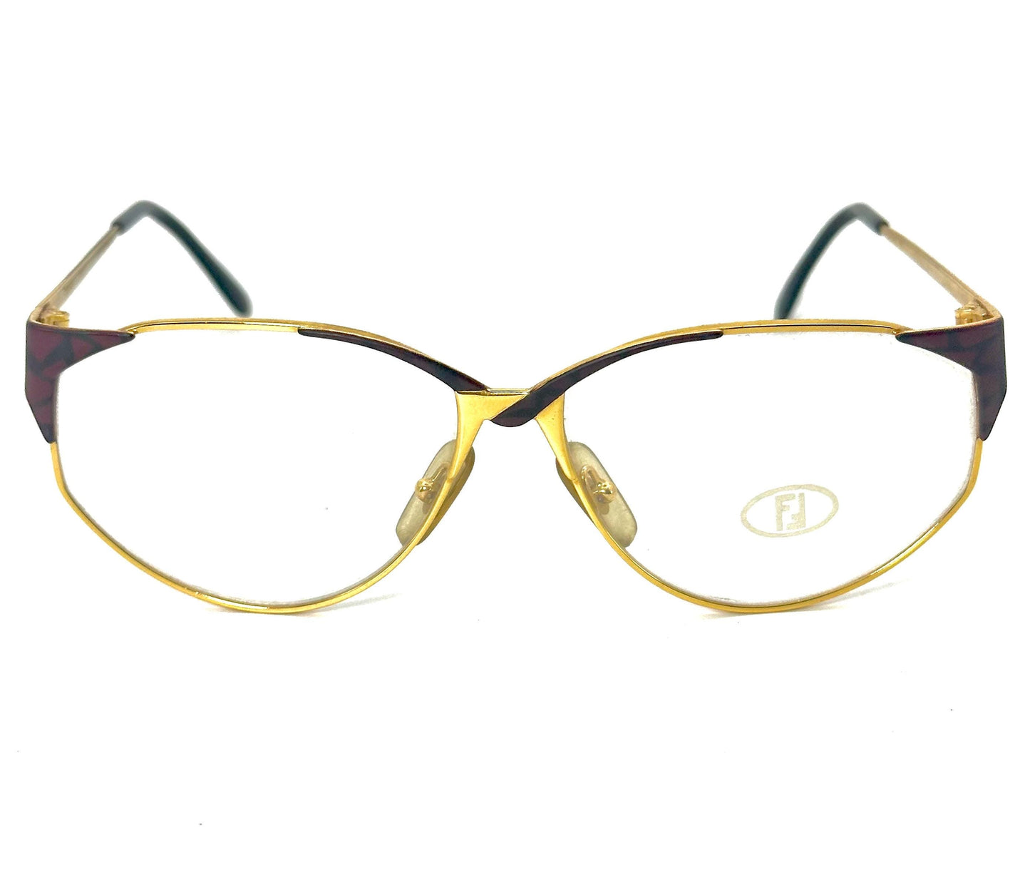 Fendi FV61 Gold-Burgundy asymmetric cateye eyeglasses frames hand made in Italy by Lozza, NOS 80s