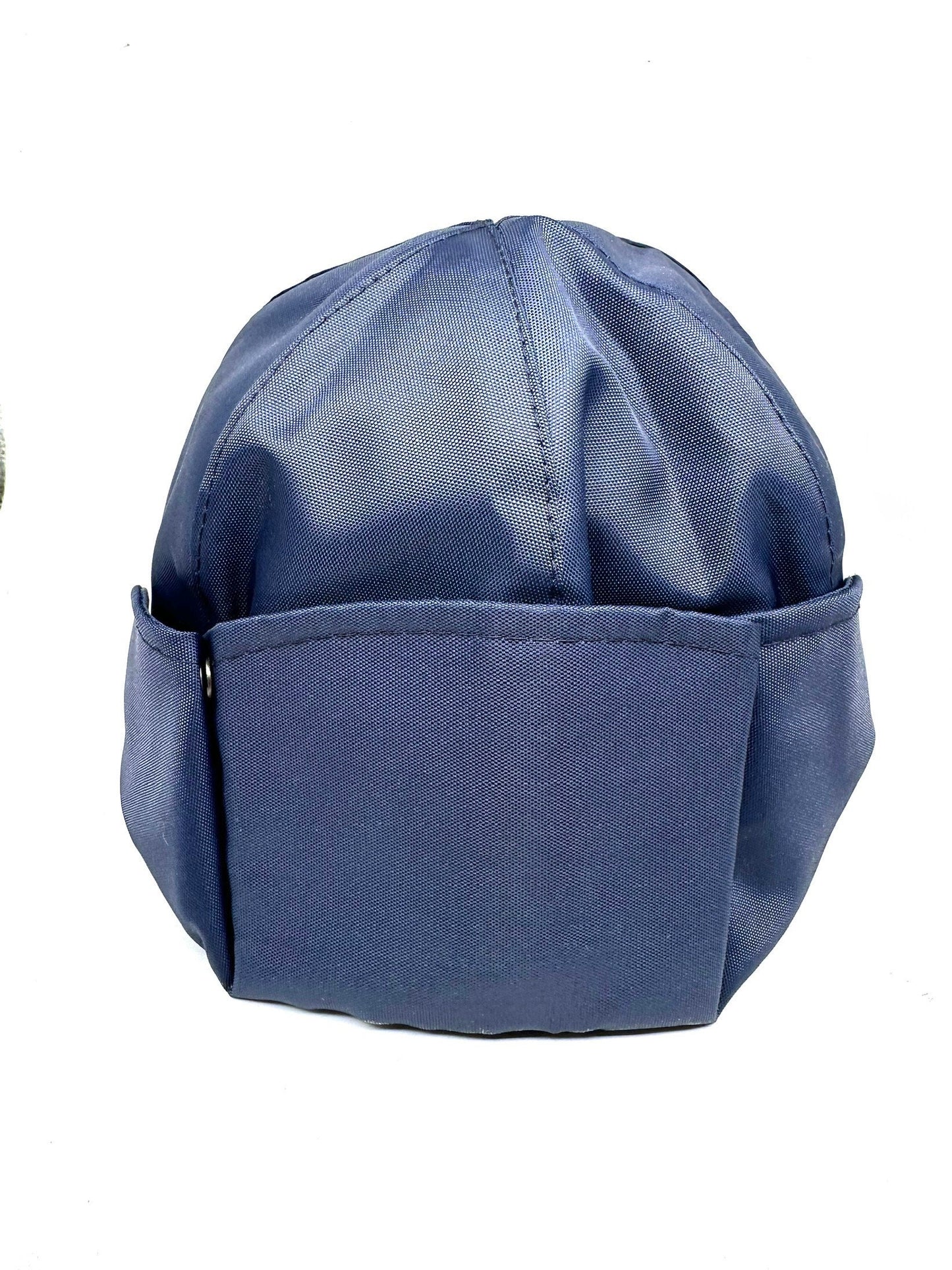 Sherlock Holmes style navy nylon hat with retractable wool knit earpads, NoS 80s Italy, sz 55, 56