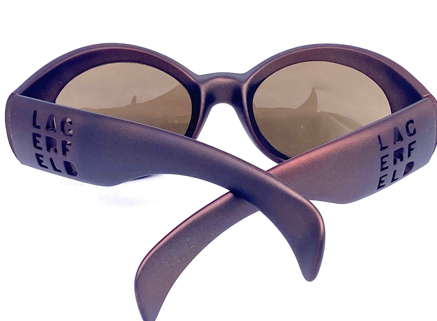 Lagerfeld 4114 oversized bug-eye copper cello sunglasses w cutoff logo, made France 90s NOS