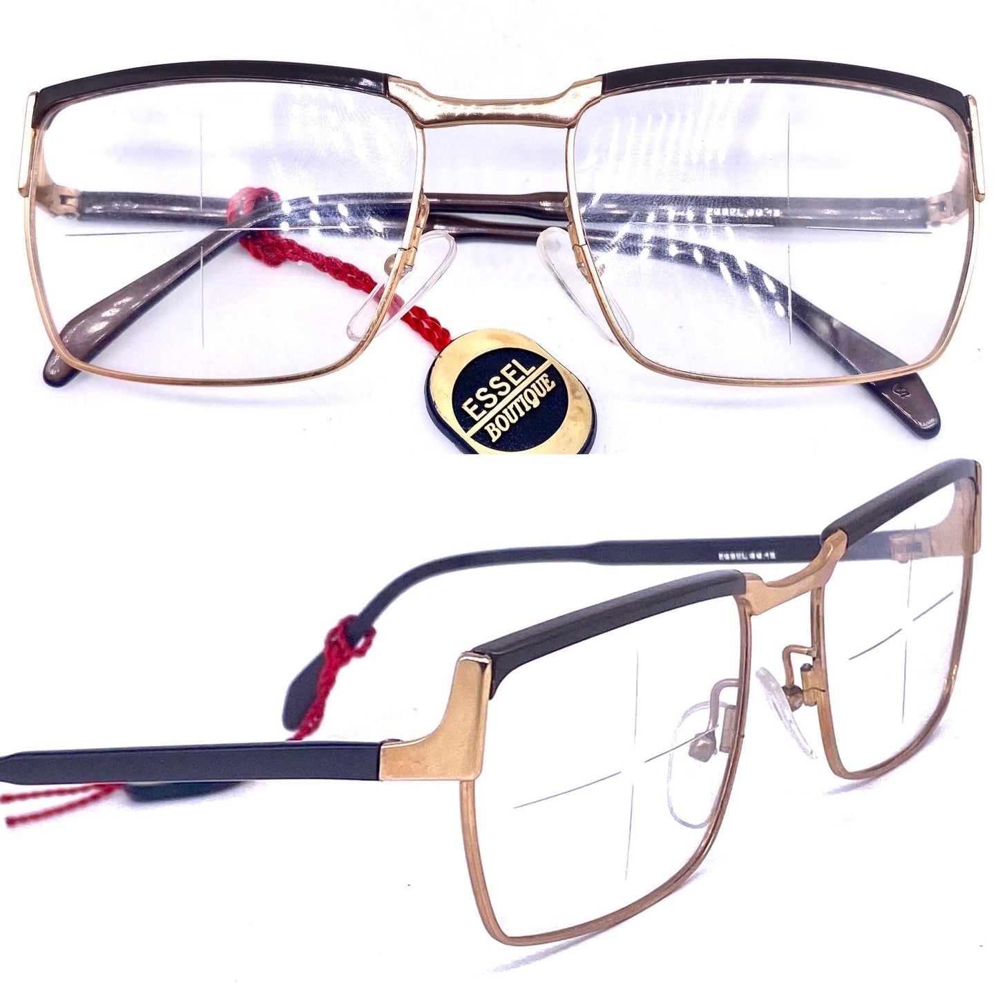 Essel Boutique NOS 60s square gold frames w dark brown coating on the brows and temples, with tag