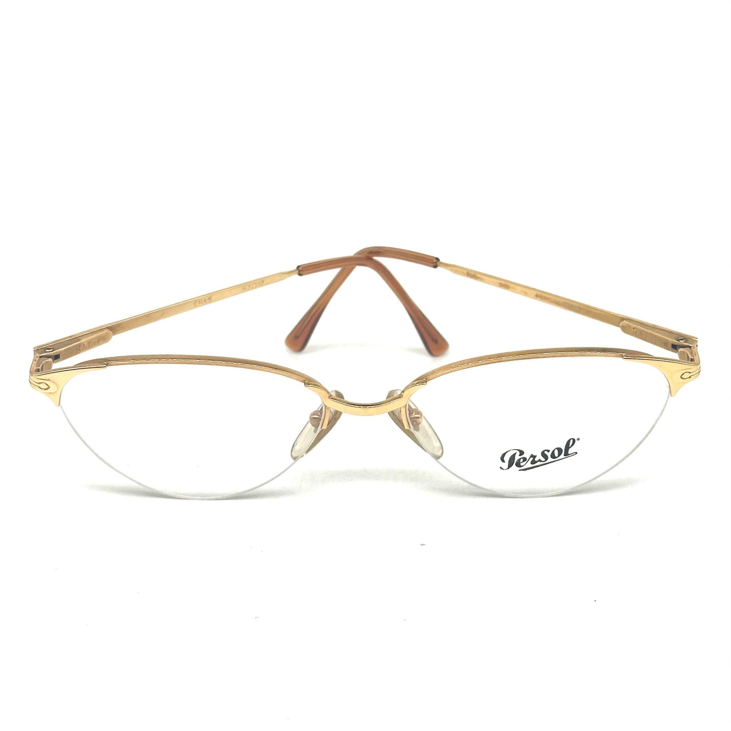 Persol Ratti Eras golden cateye glasses frames w nylor half-rim mount, sleek design; NOS 80s Italy