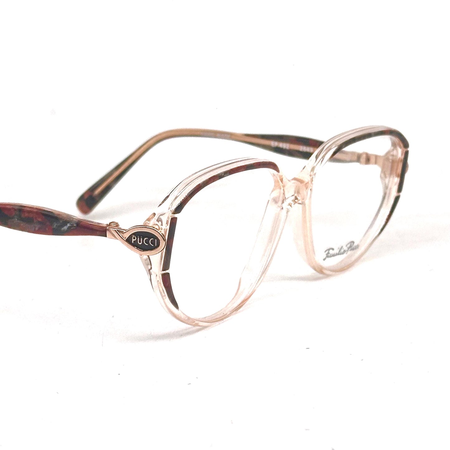Emilio Pucci 492 clear eyewear detailed with brown and black marble parts and gold temples 80s NoS Made in Florence