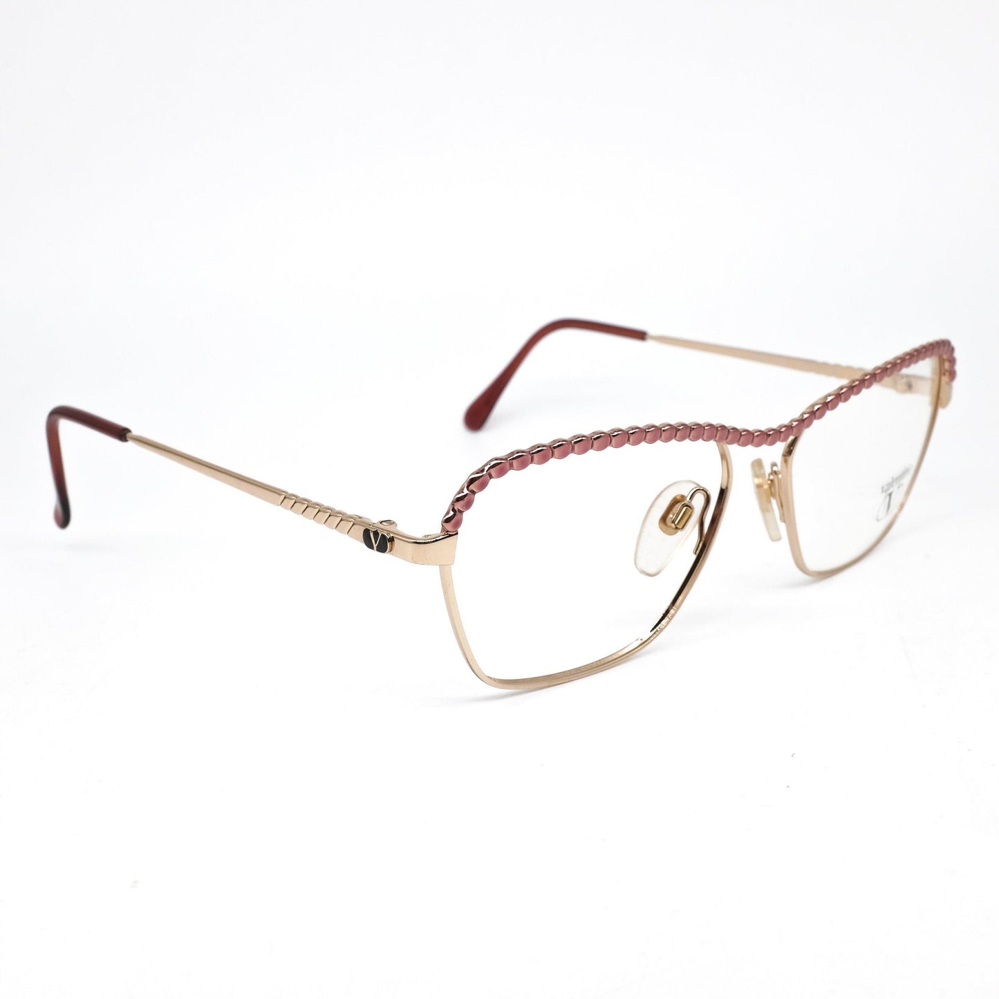 Valentino V375 golden metallic square eyeglasses frames with purple browline. NOS 90s Italy