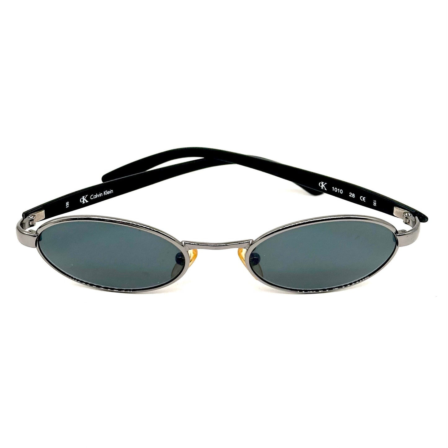Calvin Klein 1010 oval silver metal sunglasses w black cello temples, NoS 90s Italy