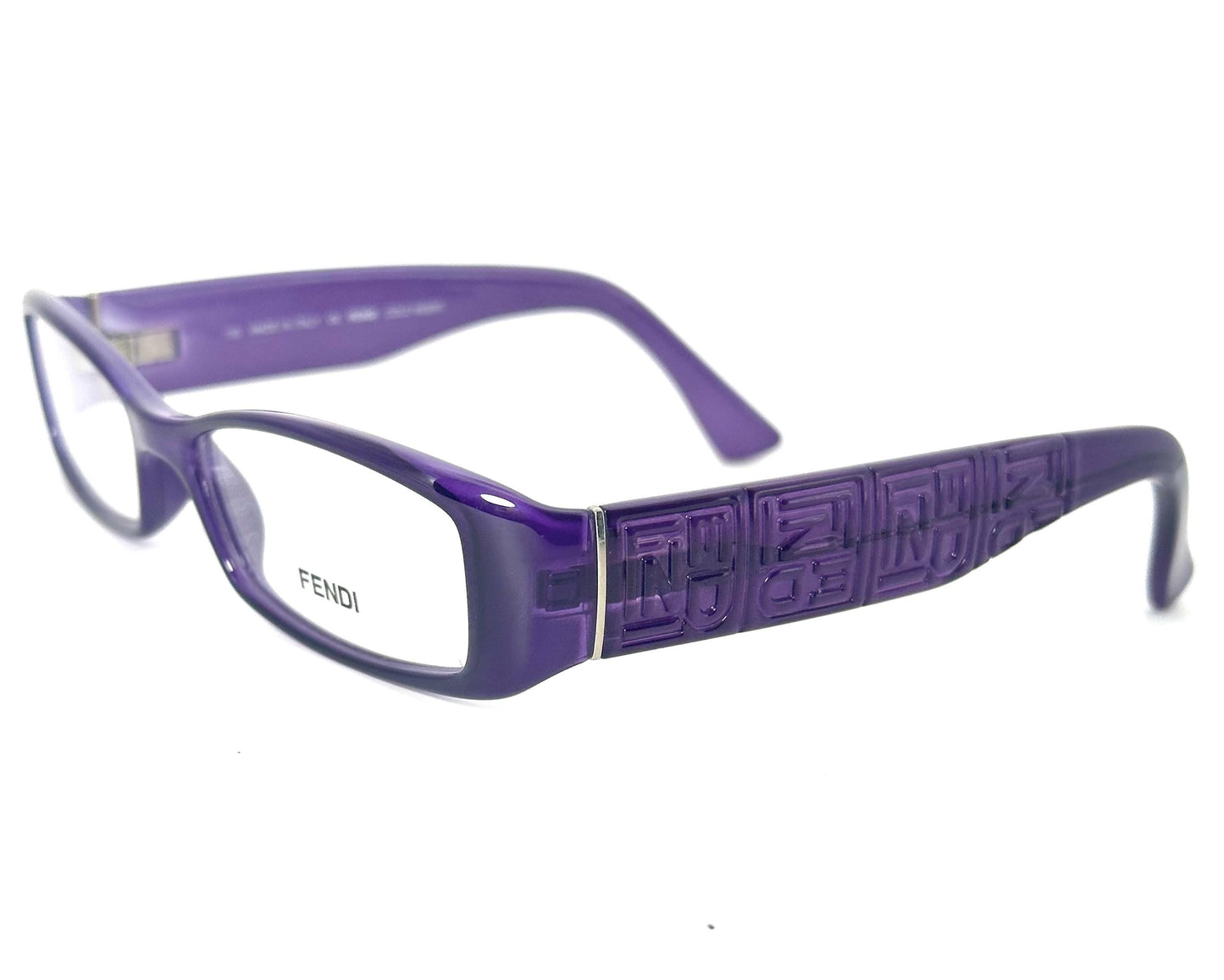 Fendi F809 sleek purple rectangle acetate frames, temples w carved monogram allover, NOS 90s mint