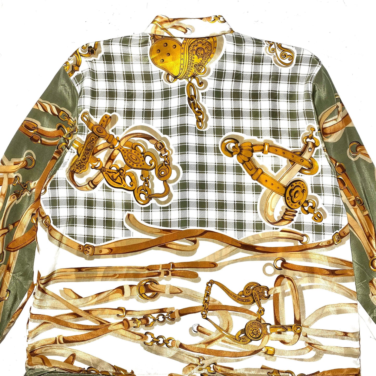 Copalli wonderful baroque silk blend blouse, chains / straps horse themed print, mint 1980s Italy