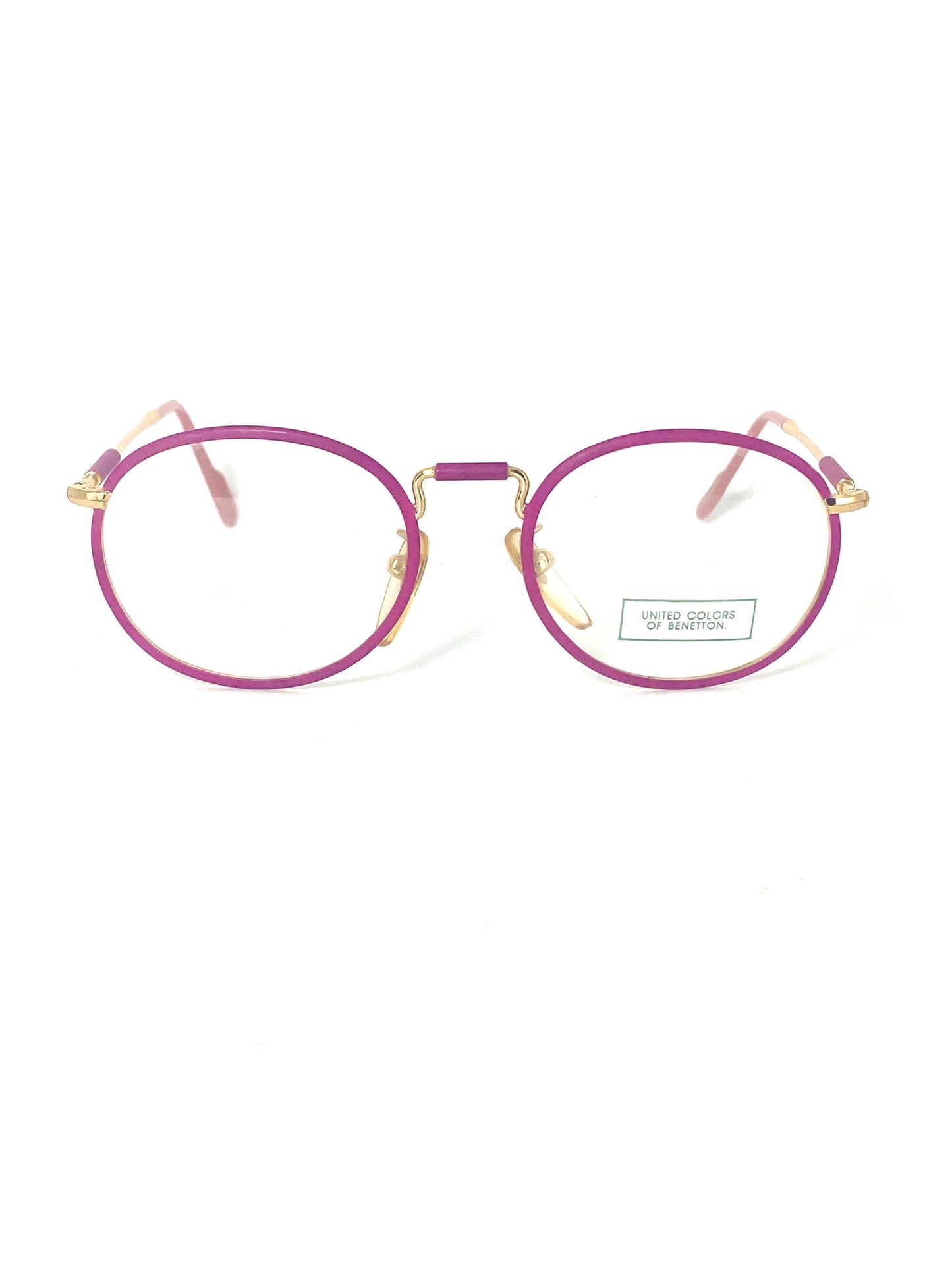United Colors Benetton oval gold- Fucsia enamel metal eyeglasses frames, cool steampunk vibe, 80s NOS Italy