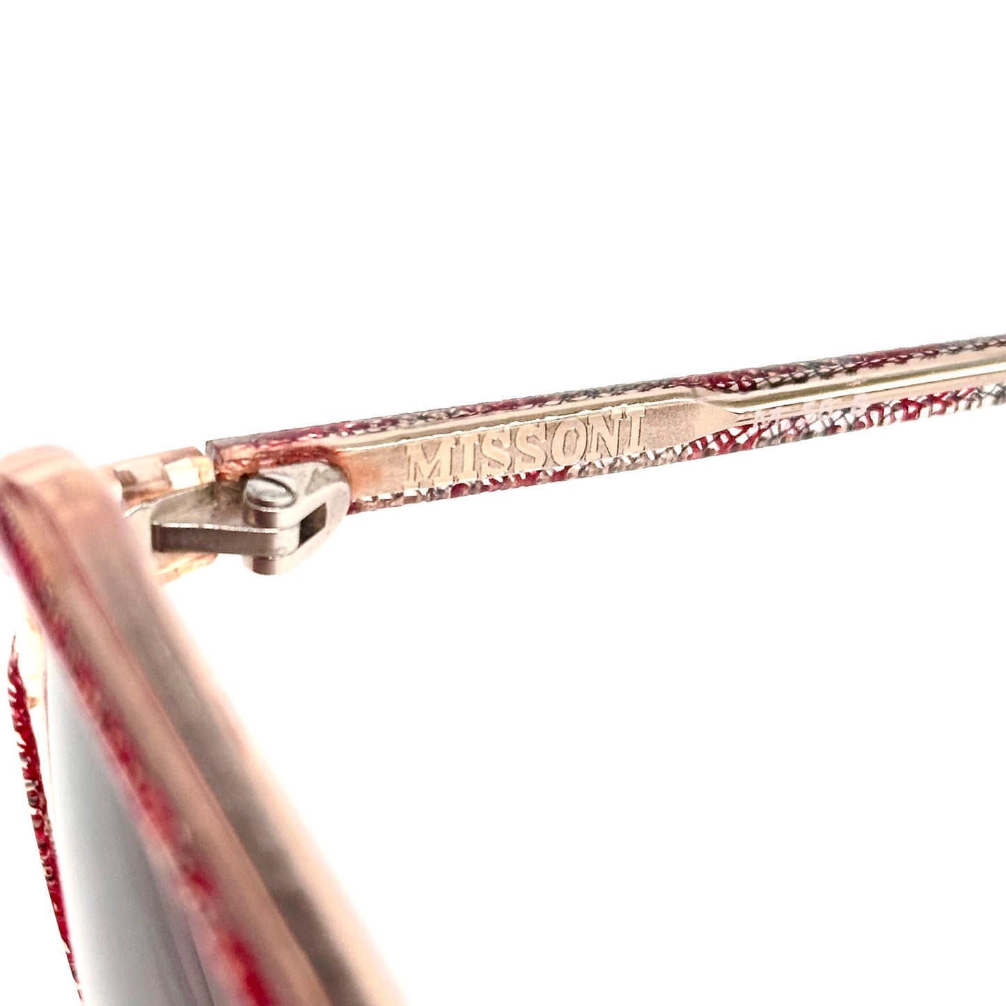 Missoni M58S red organic fantasy sunglasses w real fabric inlaid in the clear frames, NOS 80s Italy