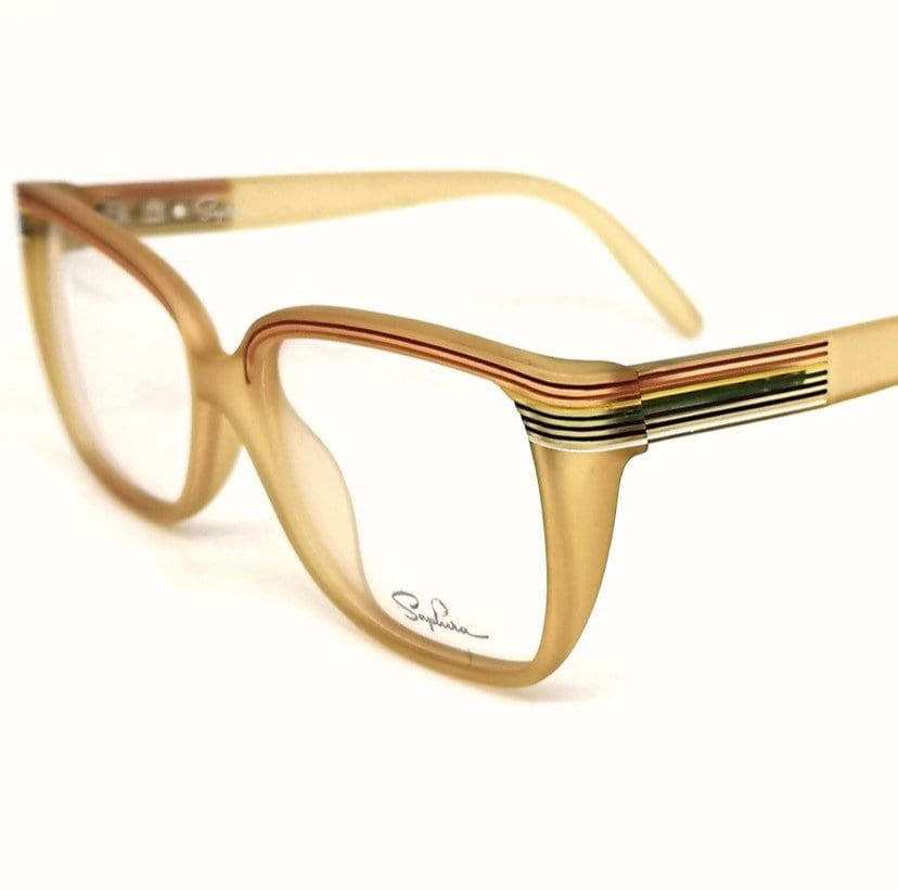 Saphira 4099 thick squared amber glasses with carved striped enameled in rainbow colors, NOS 80s