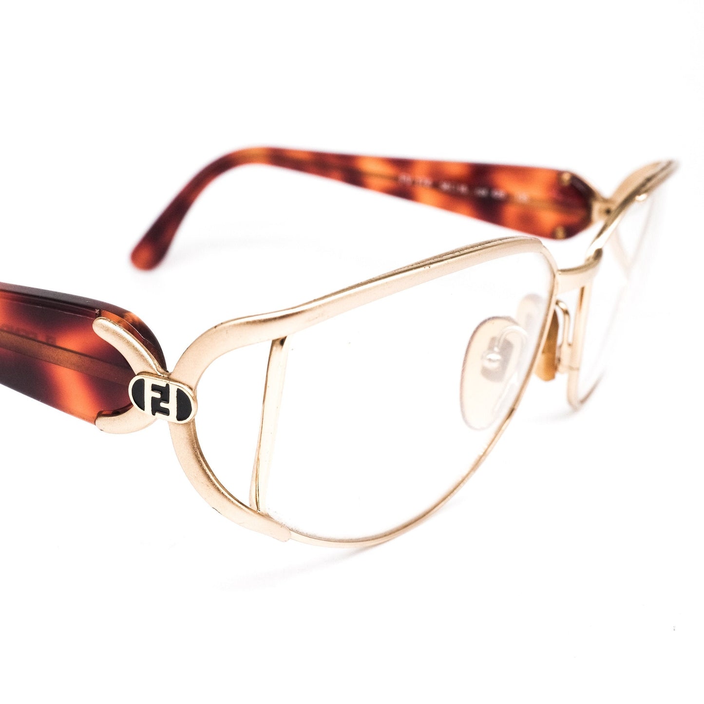Fendi FV174 golden metallic cello drop shaped eyeglasses frames in with cut off hinges and wide acetate temples, hand made in Italy 80s