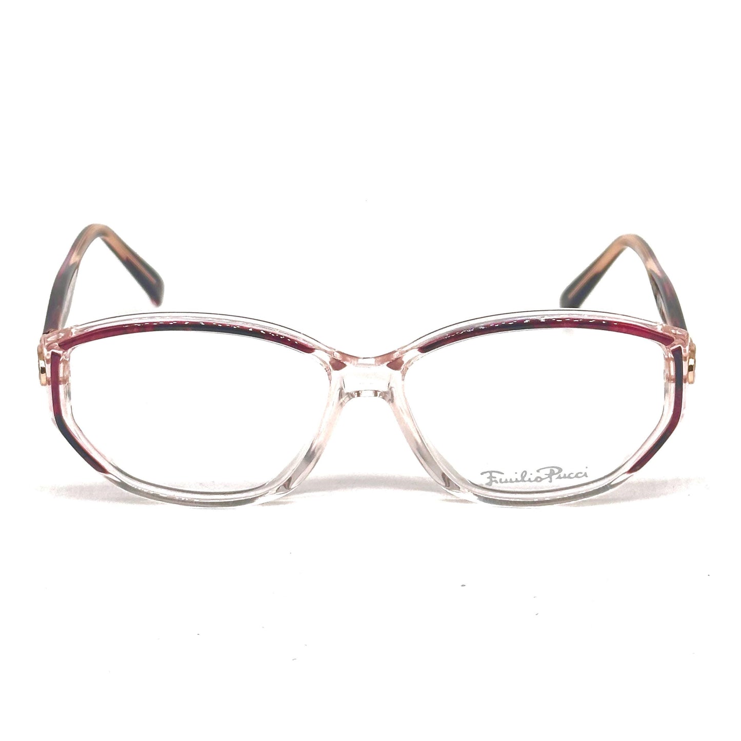 Emilio Pucci 493 clear eyewear detailed with red and black fluid marble parts and gold temples 80s NoS Made in Florence