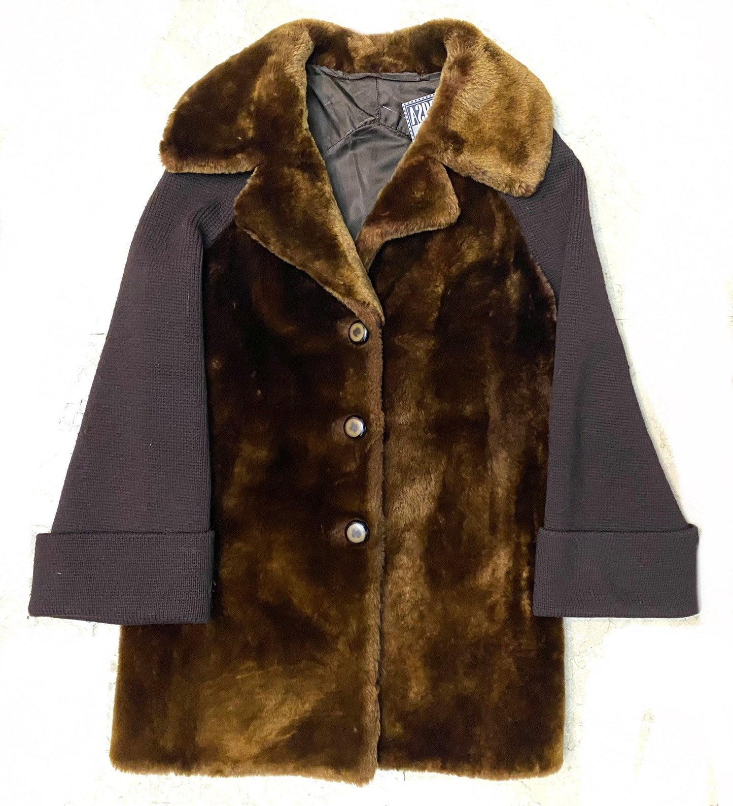 Pure 1970 Real fur coat w Knitted wool sleeves, interesting pattern, Great condition