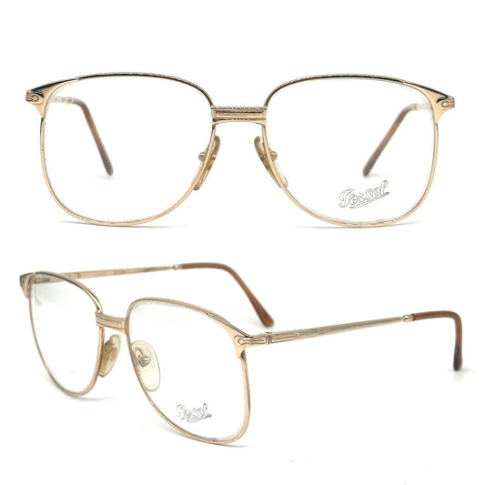 Persol Ratti Aier square gold plated metal eyeglasses frames hand made in Italy, 80s NOS