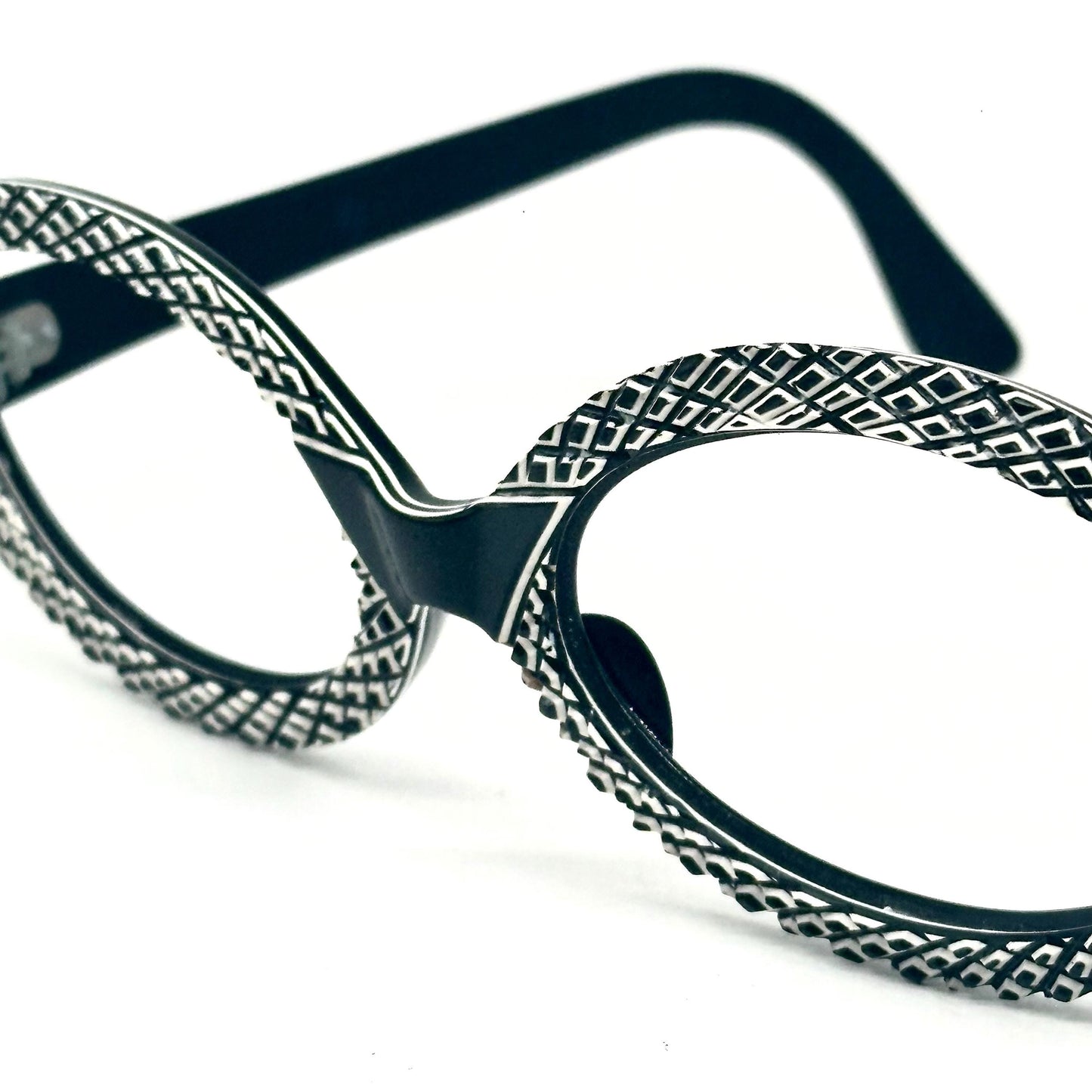 Oval vintage 1950s black eyeglasses handcrafted engraving frames with white thickness squares, NoS