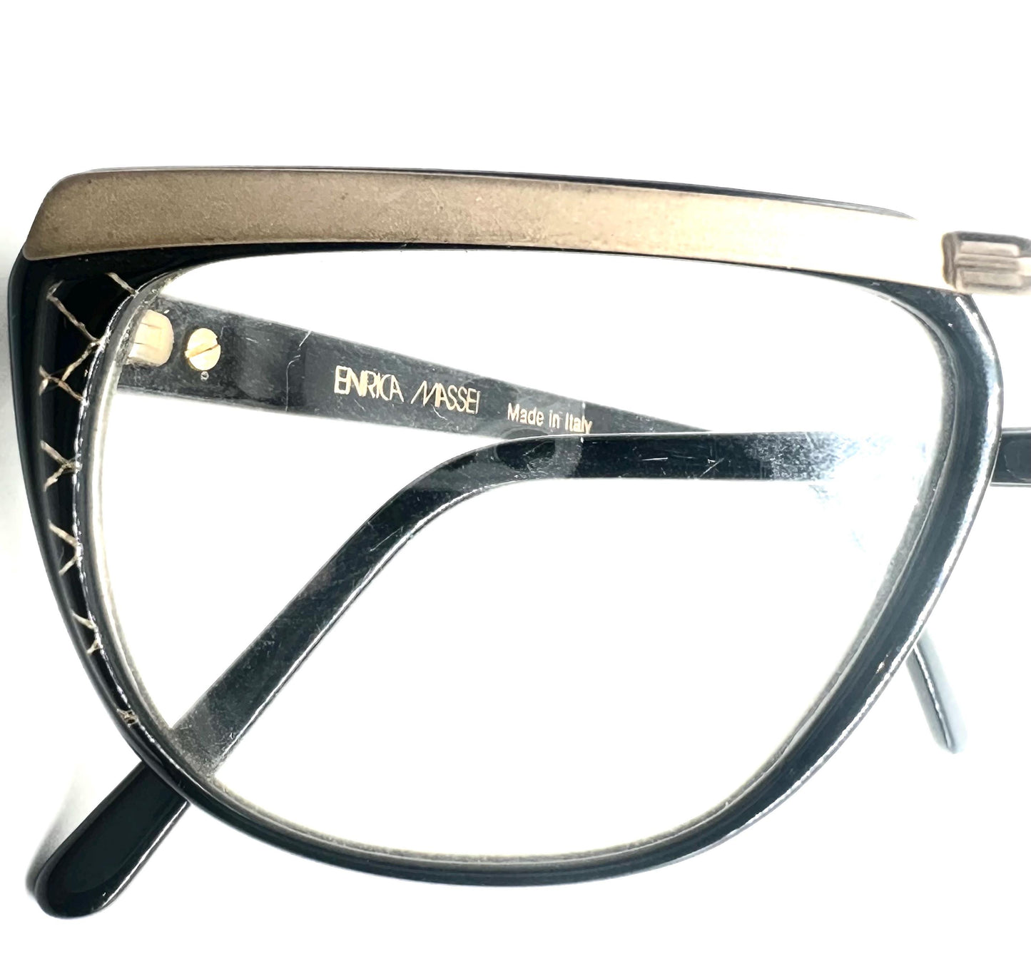 Enrica Massei modern square glasses in black or honey sparks w golden browline/bridge, 80s NOS