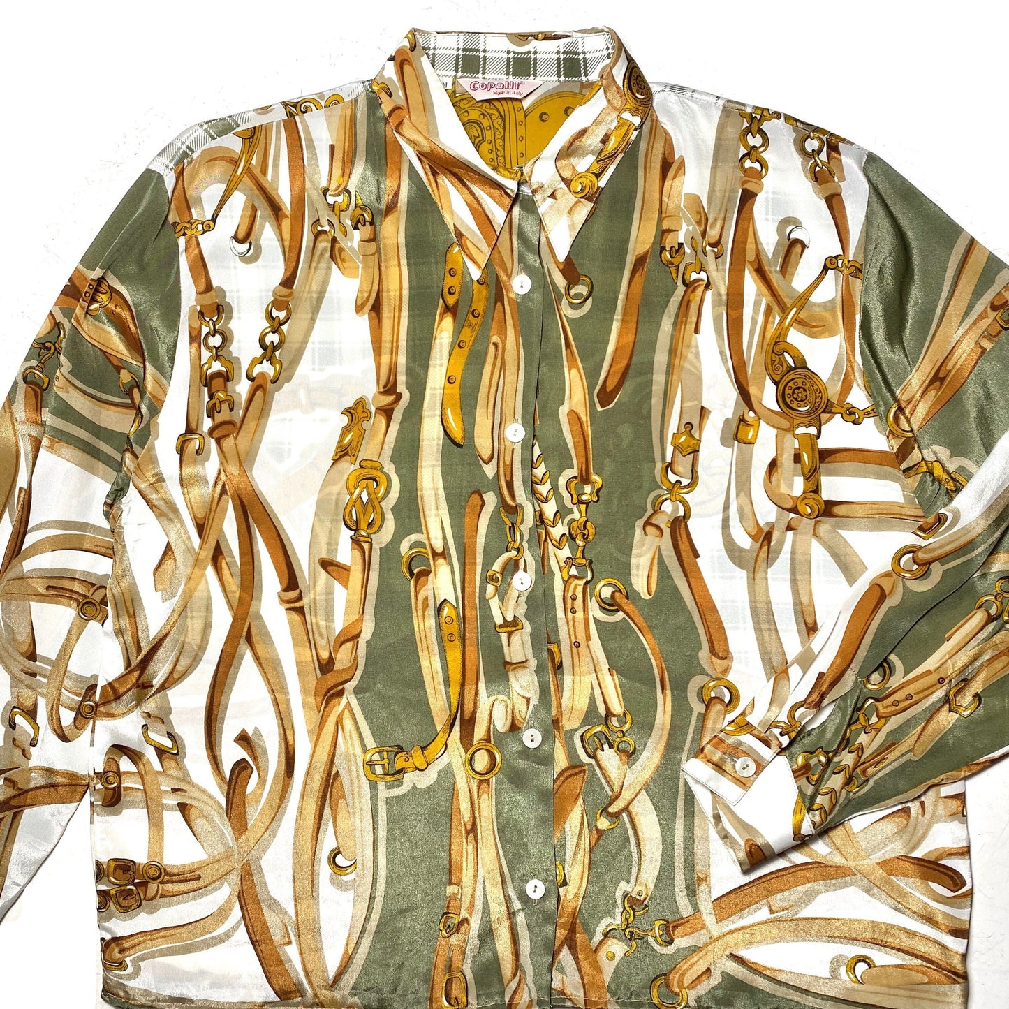 Copalli wonderful baroque silk blend blouse, chains / straps horse themed print, mint 1980s Italy