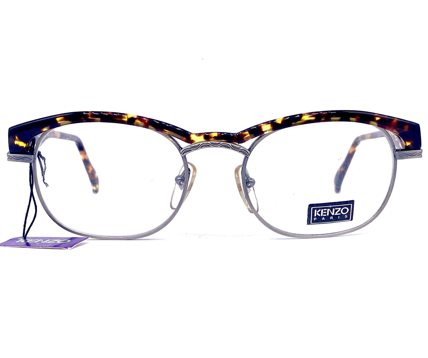 Kenzo Jazz K059 rectangular carved gunmetal frames w avant-Garde tortoise browline, 80s NoS France