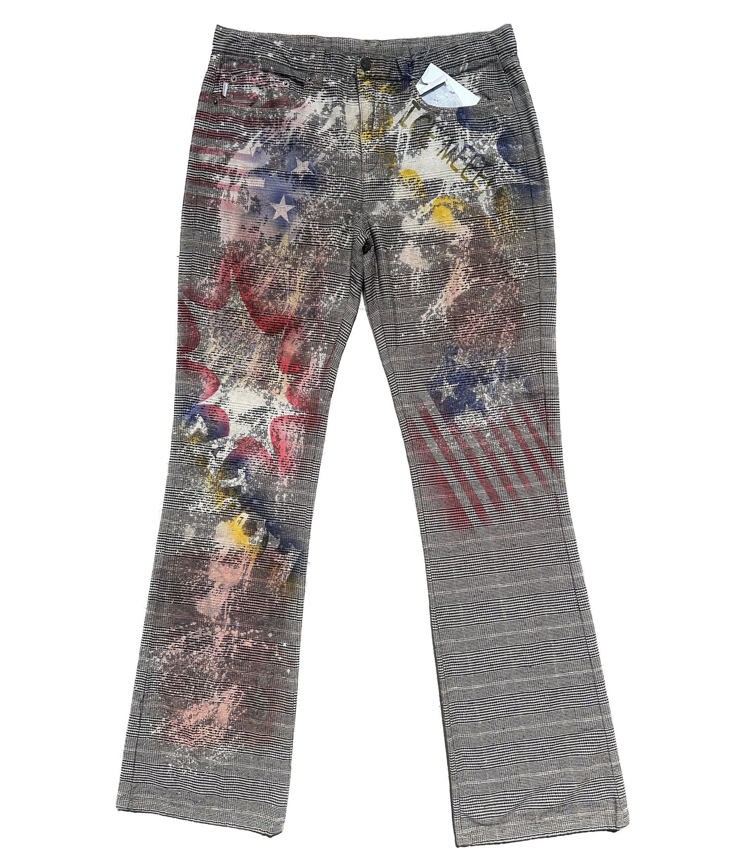 Iceberg Jeans flared checkered cotton trousers w pop- US flag inspired serigraphic hand print, stunning NOS 90s sz 32